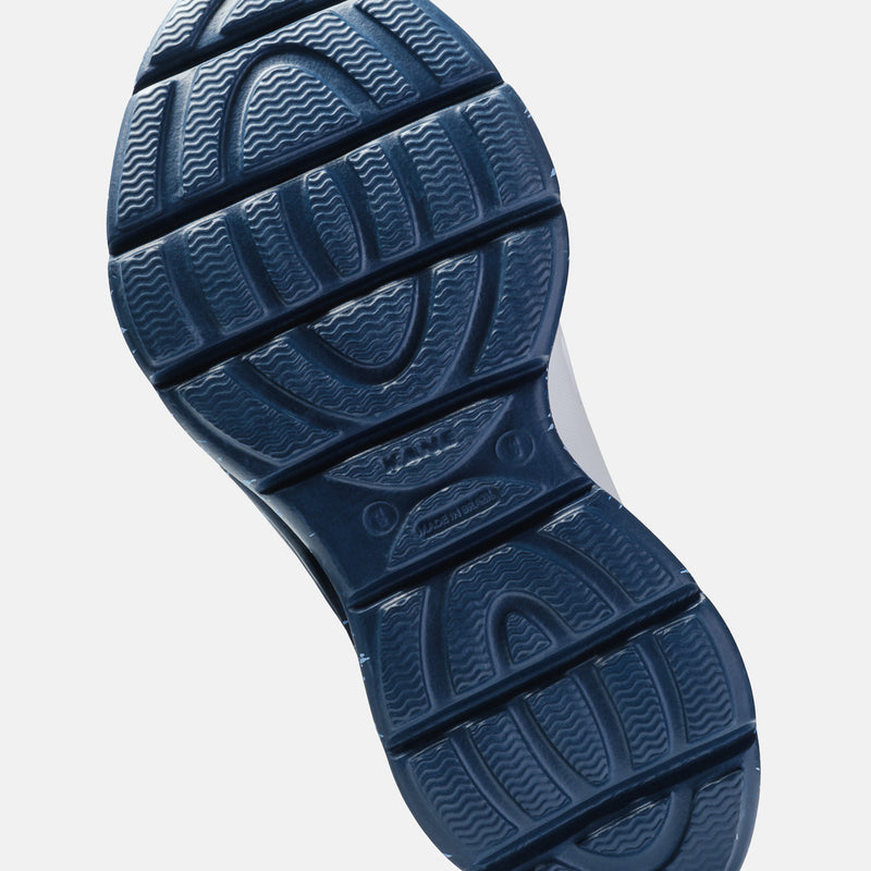 KANE Revive OB recovery shoe in white indigo speckle color, bottom view