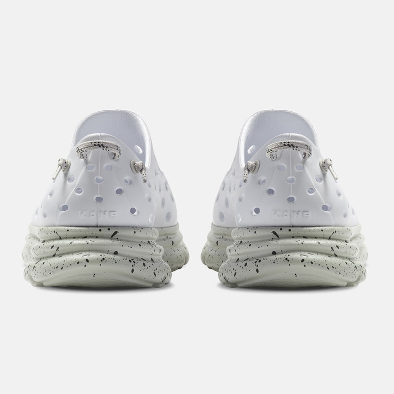 KANE Revive recovery shoe in white / gray speckle color, back view