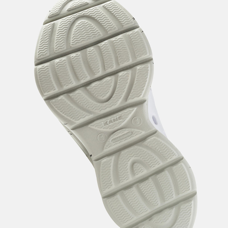 KANE Revive recovery shoe in white / gray speckle color, bottom view
