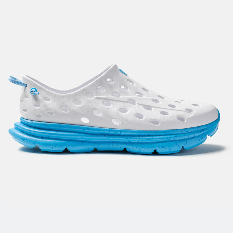 KANE Revive recovery shoe in white / pacific speckle color, profile view