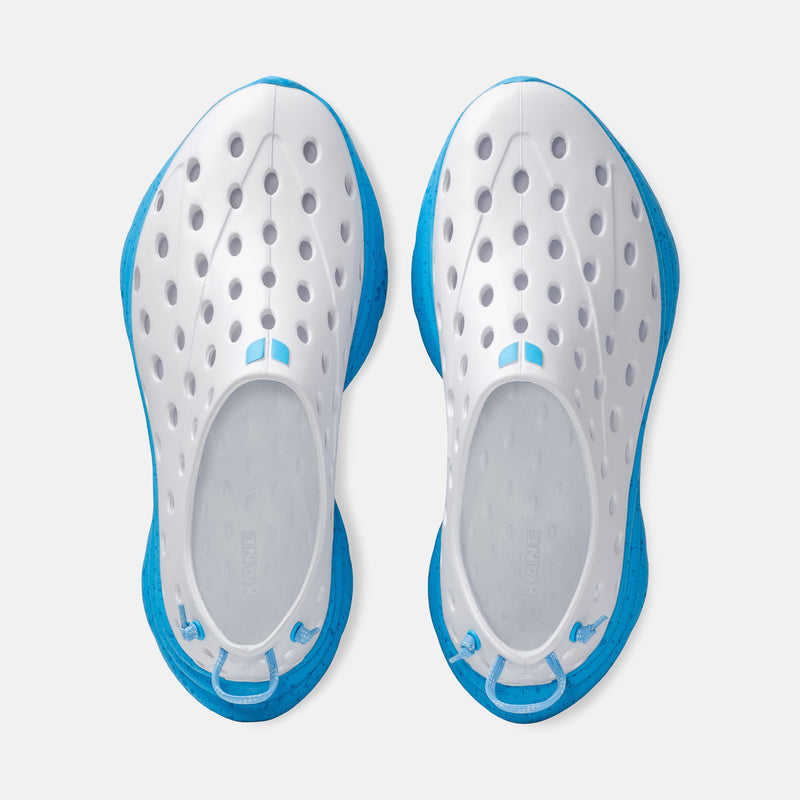KANE Revive recovery shoe in White / Pacific Speckle color, top view