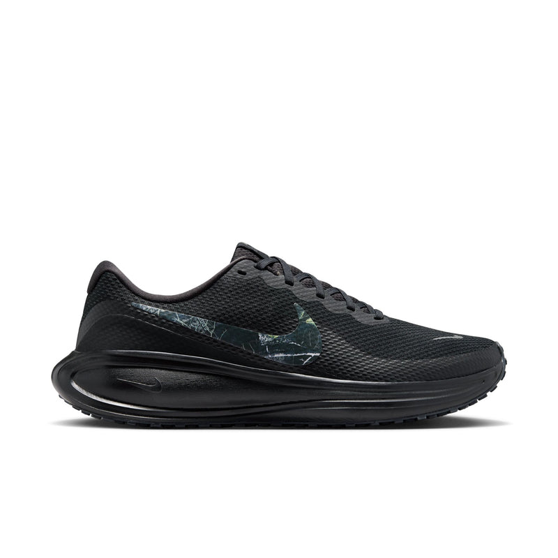 Men's black lace-up running shoe with blue-green swoosh and cushioned midsole