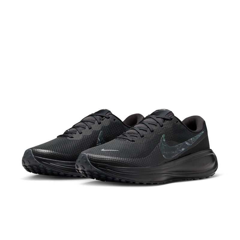Men's black lace-up running shoes with blue-green swoosh and textured upper