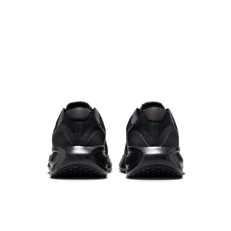 Men's black running shoes, rear view with heel tab and textured outsole