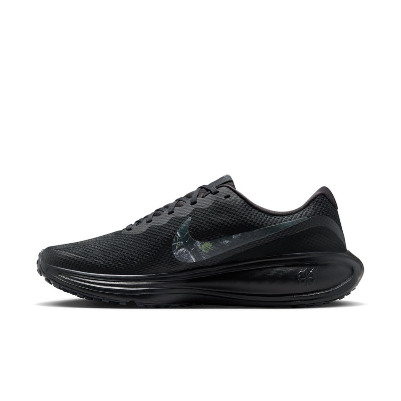 Men's black lace-up running shoe with blue-green swoosh and thick rocker sole