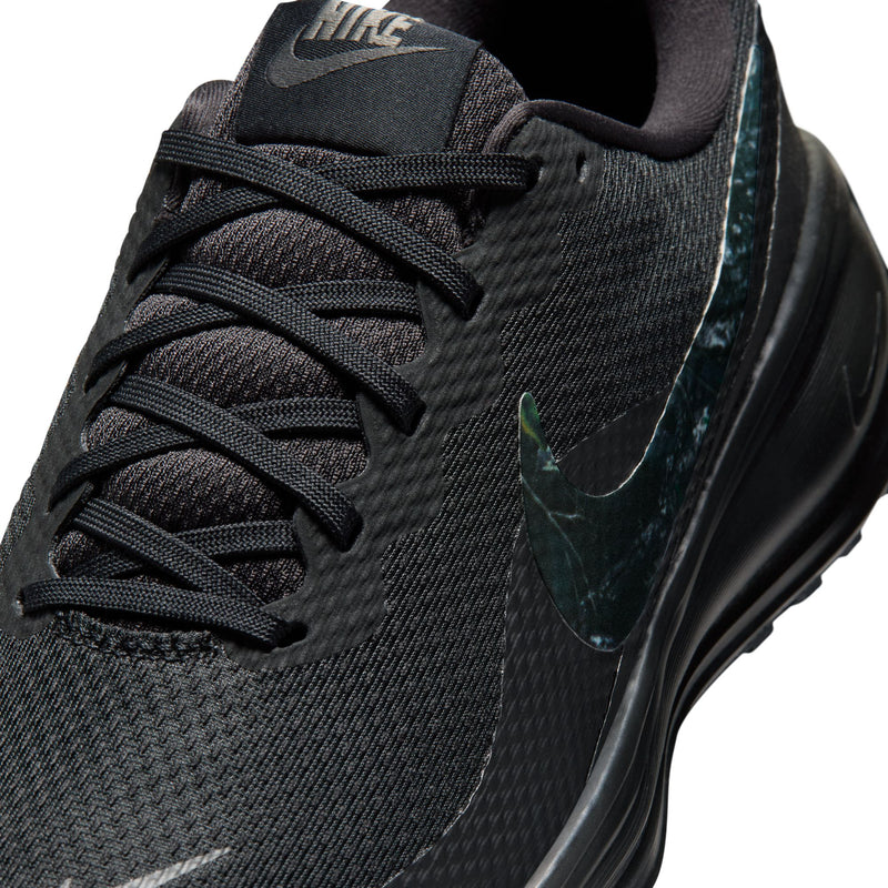 Men's black knit running shoe upper with lace system and blue-green swoosh