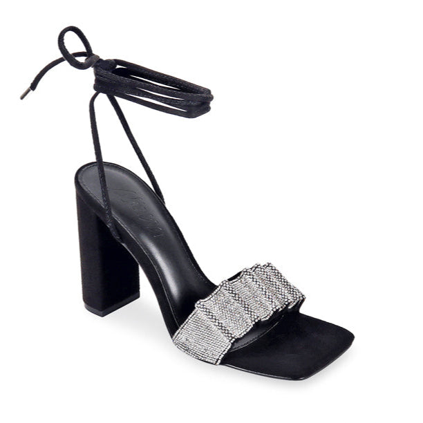 Black Rhinestone Lace up Chunky Heel Sandals