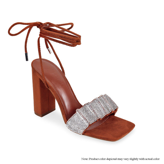 Brown Rhinestone Lace up Chunky Heel Sandals