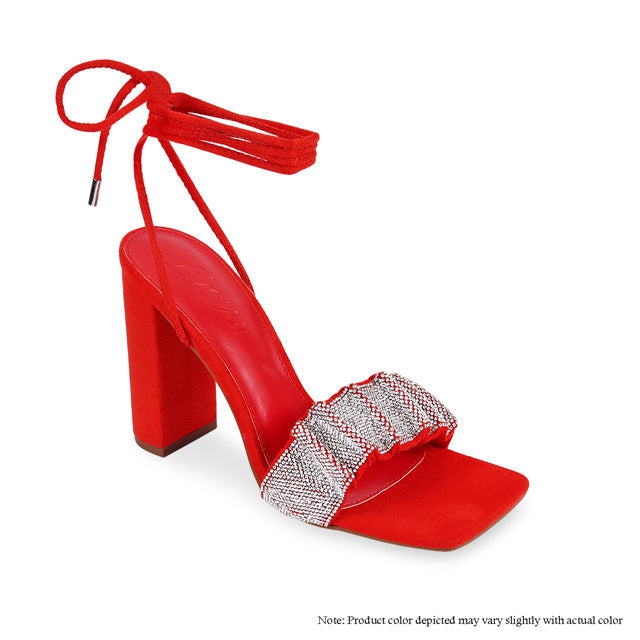 Red Rhinestone Lace up Chunky Heel Sandals