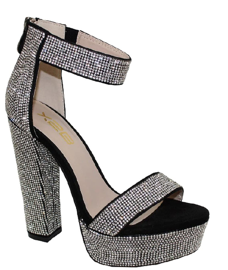 Black Rhinestone Platform Block Heel Dress Sandal