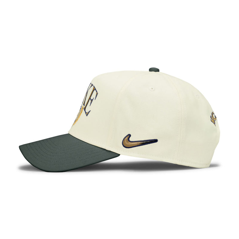 Sail snapback cap with dark green curved brim and Nike swoosh, side angle product shot.