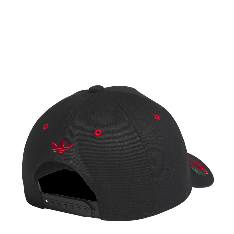 Black snapback cap back view with red eyelets, adidas marks, and side rose