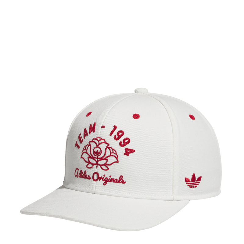 Off-white snapback cap with red TEAM-1994 rose and adidas Originals logo