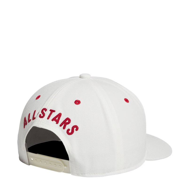 Off-white snapback cap with red ALL STARS side text