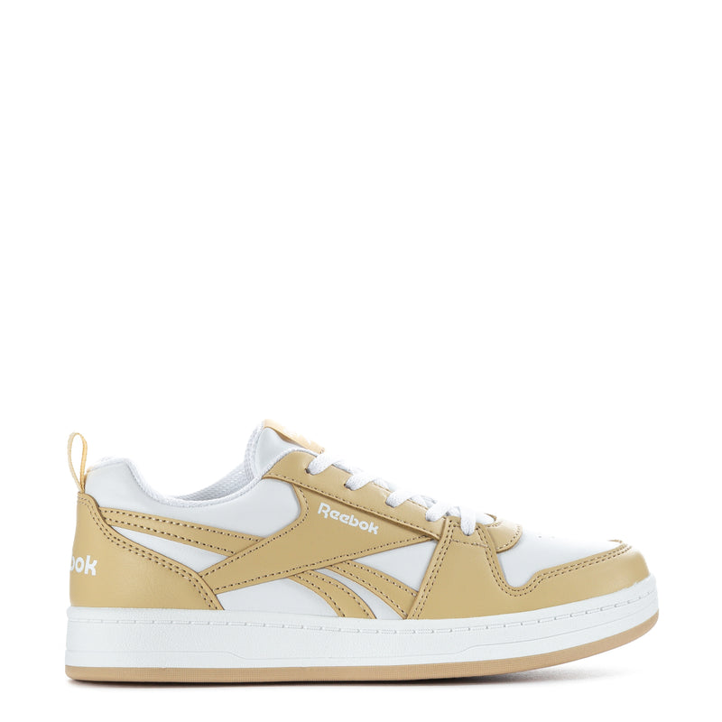 Kids low-top sneakers in white and beige with lace-up front and Reebok logo