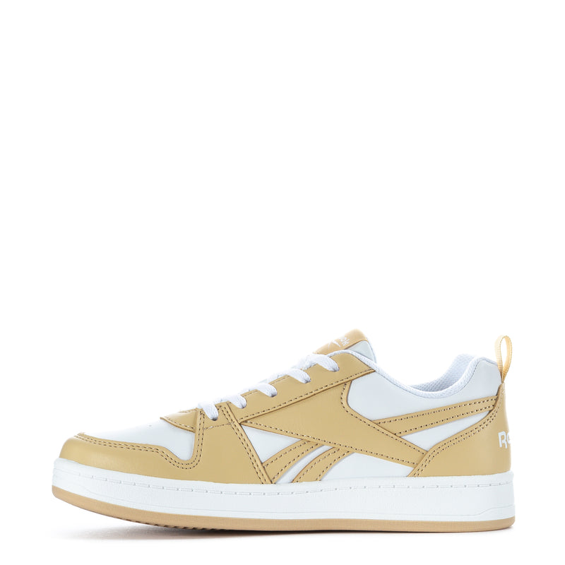 Kids low-top sneakers, side view, white uppers with beige overlays and white laces