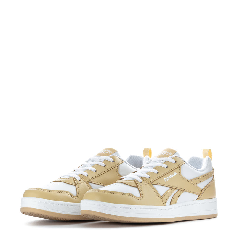 Kids low-top sneakers, pair view, white and beige leather-style uppers with laces