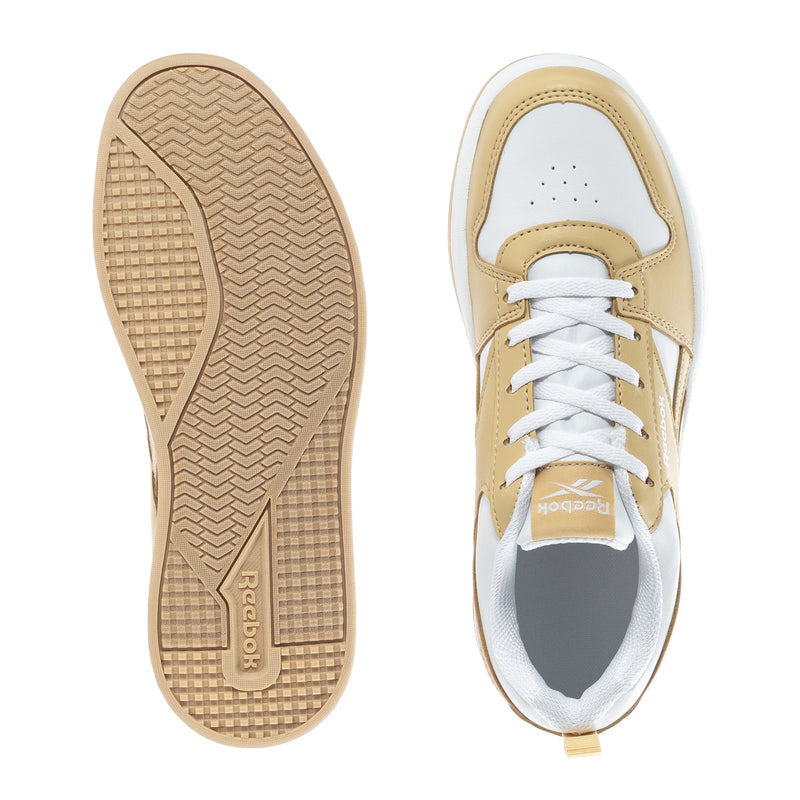 Kids sneaker outsoles and inside view, beige tread sole and white-and-beige upper