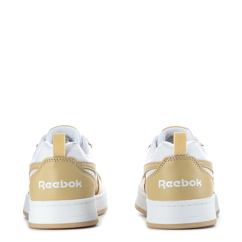 Kids sneakers heel view, white uppers with beige heel tab and Reebok lettering