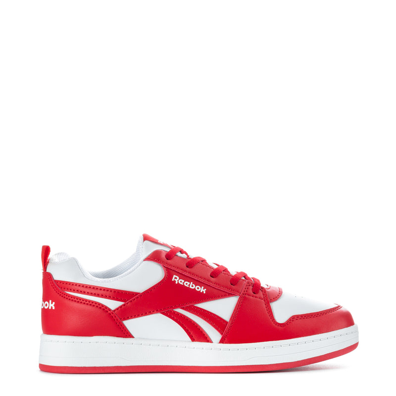 Youth red and white Reebok low-top sneakers with lace-up closure