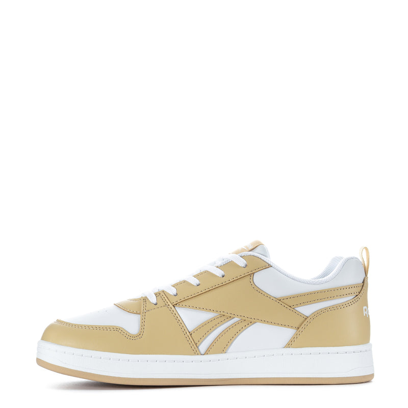Youth low-top sneakers, white and beige, lace-up design with side stripes