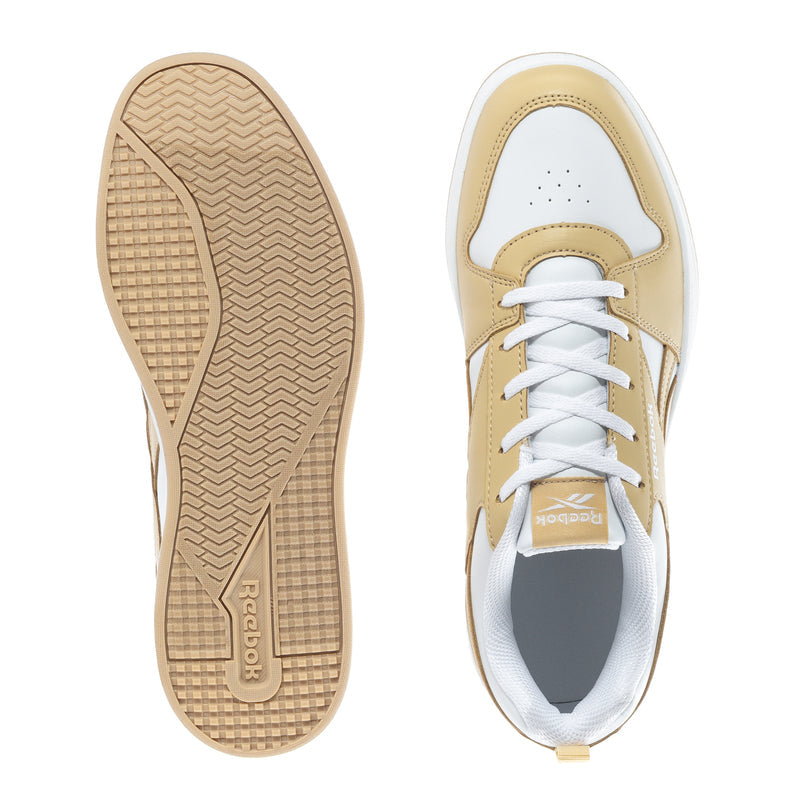 Youth sneakers shown with outsole and inside view, white uppers and beige trim