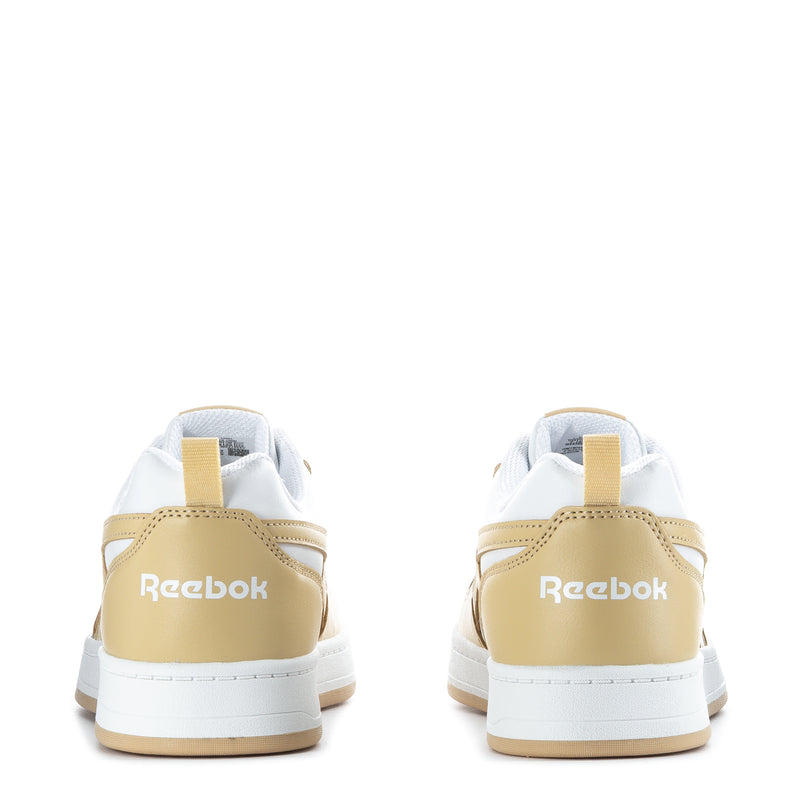 Youth sneakers heel view in white and beige, back pull tab and Reebok logo