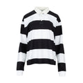 Black and white striped women's rugby polo shirt with buttoned collar