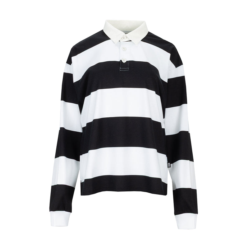 Black and white striped women's rugby polo shirt with buttoned collar