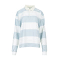 Womens rugby polo shirt, white and light-blue horizontal stripes, long sleeves