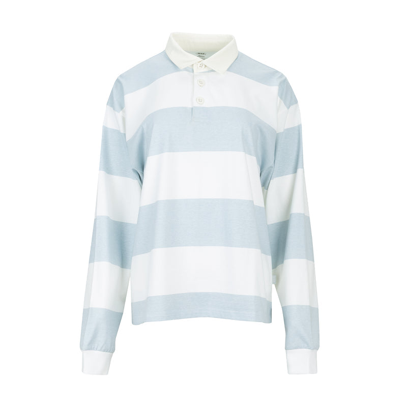 Womens rugby polo shirt, white and light-blue horizontal stripes, long sleeves