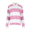 Womens rugby polo shirt with rose pink and white horizontal stripes, button placket
