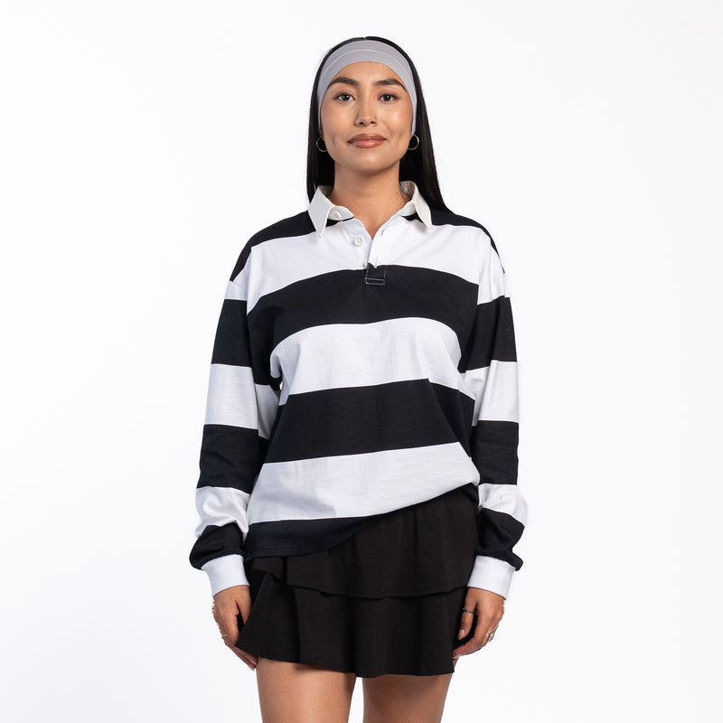 Women's black-and-white striped rugby polo shirt, long sleeves, button placket