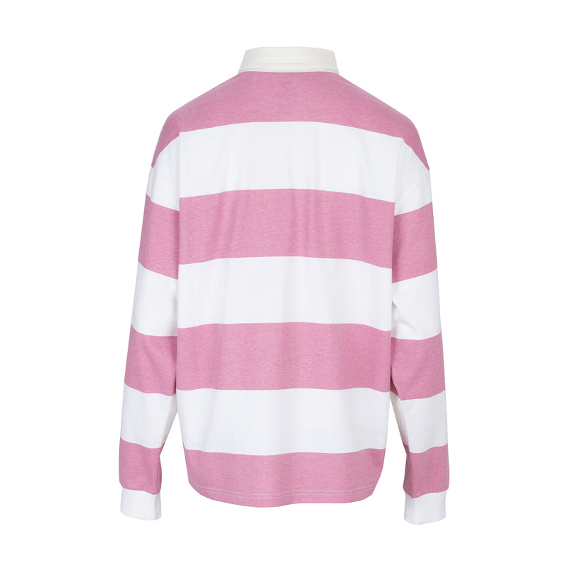Womens back view rugby polo shirt with rose pink and white wide horizontal stripes