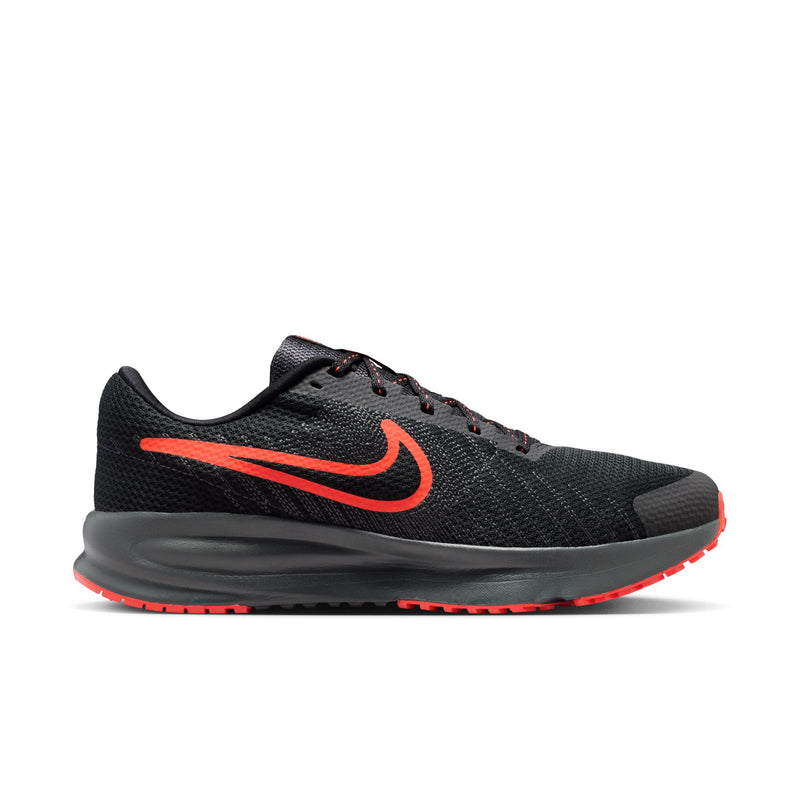 Men's black running shoe with crimson Swoosh and lace-up design