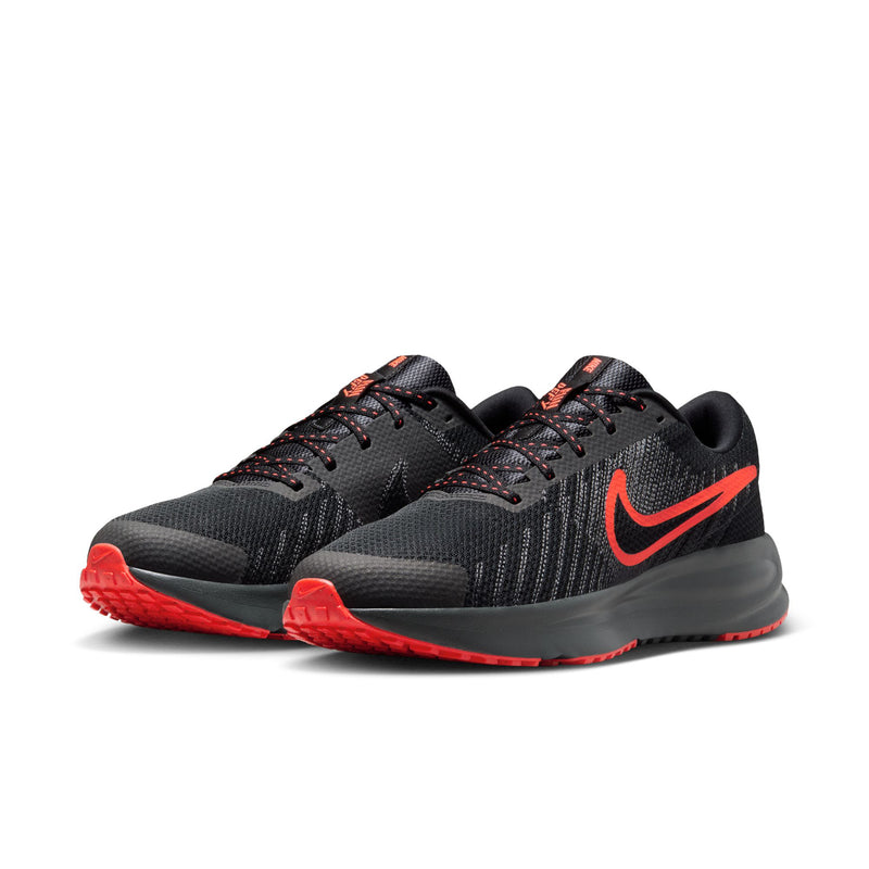 Men's black running shoes with crimson accents, lace-up and cushioned sole