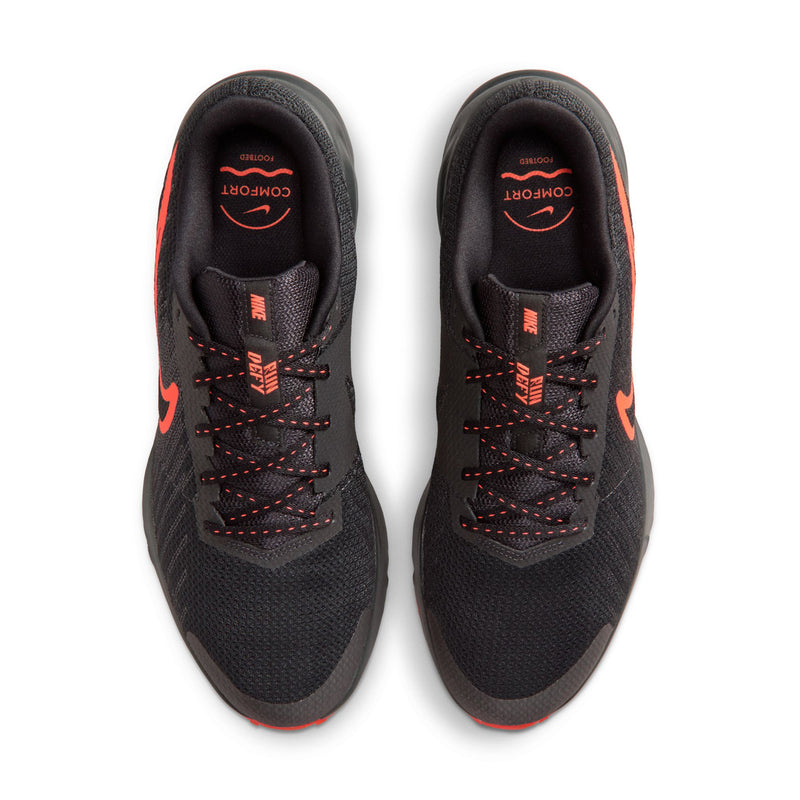 Men's black lace-up running shoes with crimson laces and padded collar