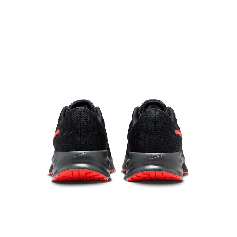 Men's black running shoes with rear heel cushioning and crimson outsole edges