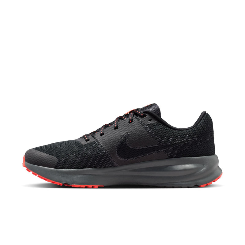 Men's black running shoe with dark Swoosh, red trim, and lace-up upper