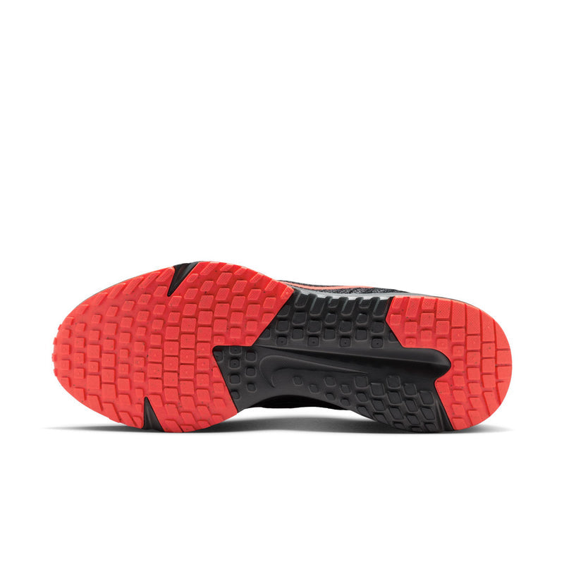 Men's running shoe outsole with red traction tread and dark center support