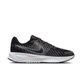 Women's black running shoes with gray knit upper, Nike-style swoosh and white midsole