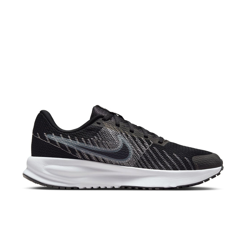 Women's black running shoes with gray knit upper, Nike-style swoosh and white midsole