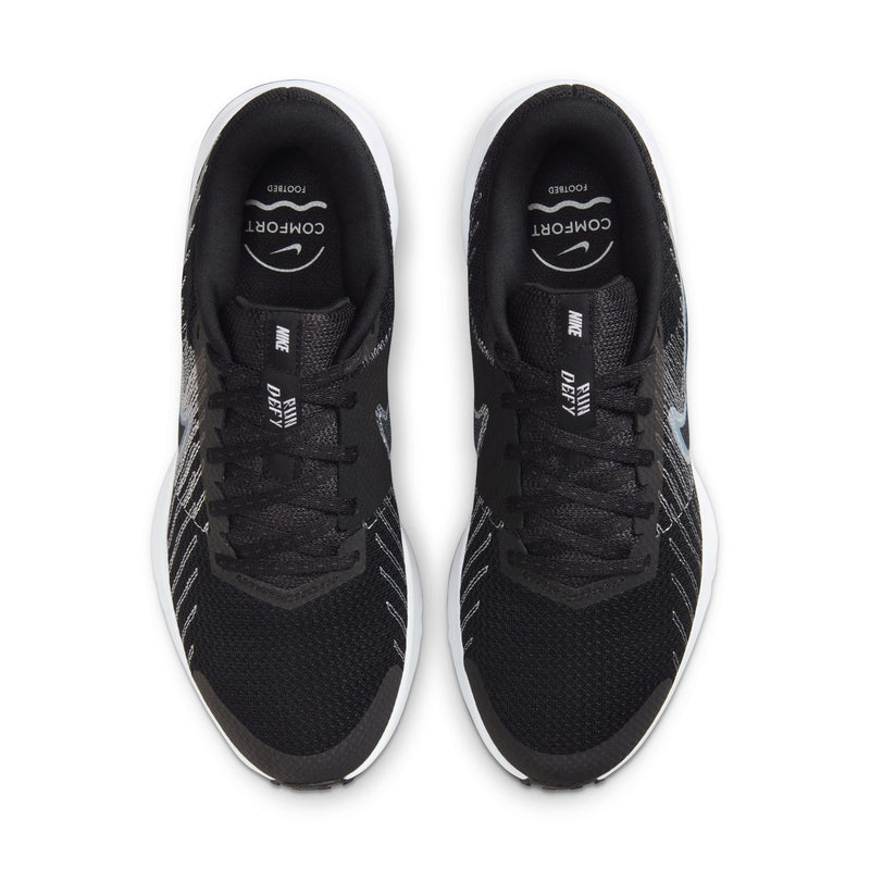 Women's black running shoes, front view showing laces and textured mesh upper