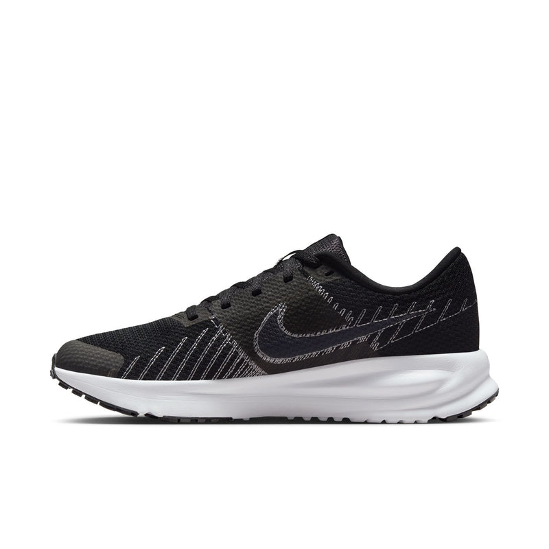 Women's black running shoe with gray swoosh logo and white sole