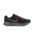 Black mesh running shoes with orange laces and Nike swoosh, cushioned midsole.