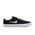 Men's black low-top skate sneaker, white Swoosh and midsole, side view on white.