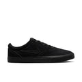 Black low-top skate sneaker with Nike Swoosh and lace-up front, flat sole.