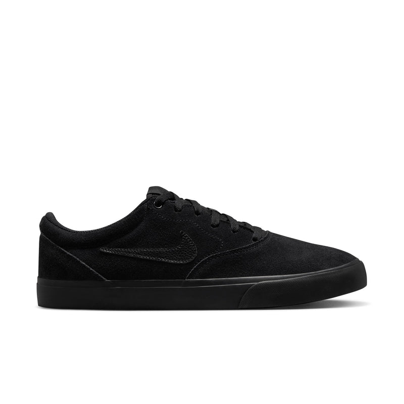 Black low-top skate sneaker with Nike Swoosh and lace-up front, flat sole.