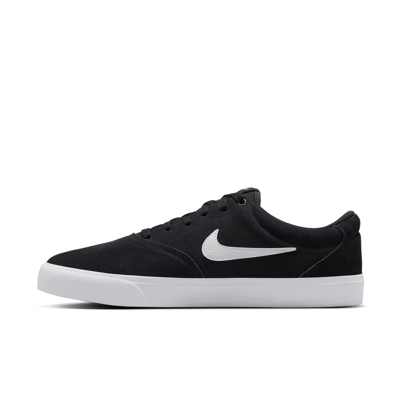 Men's black low-top skate sneaker with white Swoosh, lace-up front, clean profile.