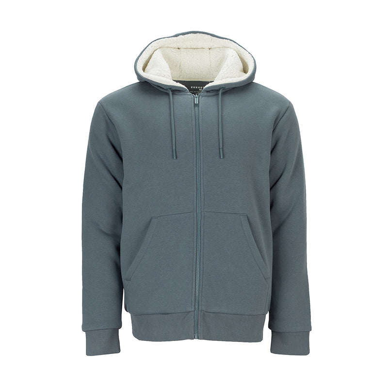 Men's sherpa-lined full-zip hoodie, dark gray-blue with light fleece hood lining